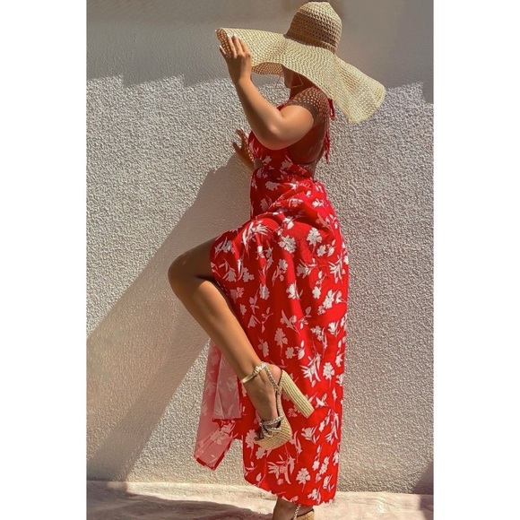 Red Floral Print Sleeveless V-Neck Halter Neck Backless Cutout Slit Maxi Dress - Picture 12 of 16